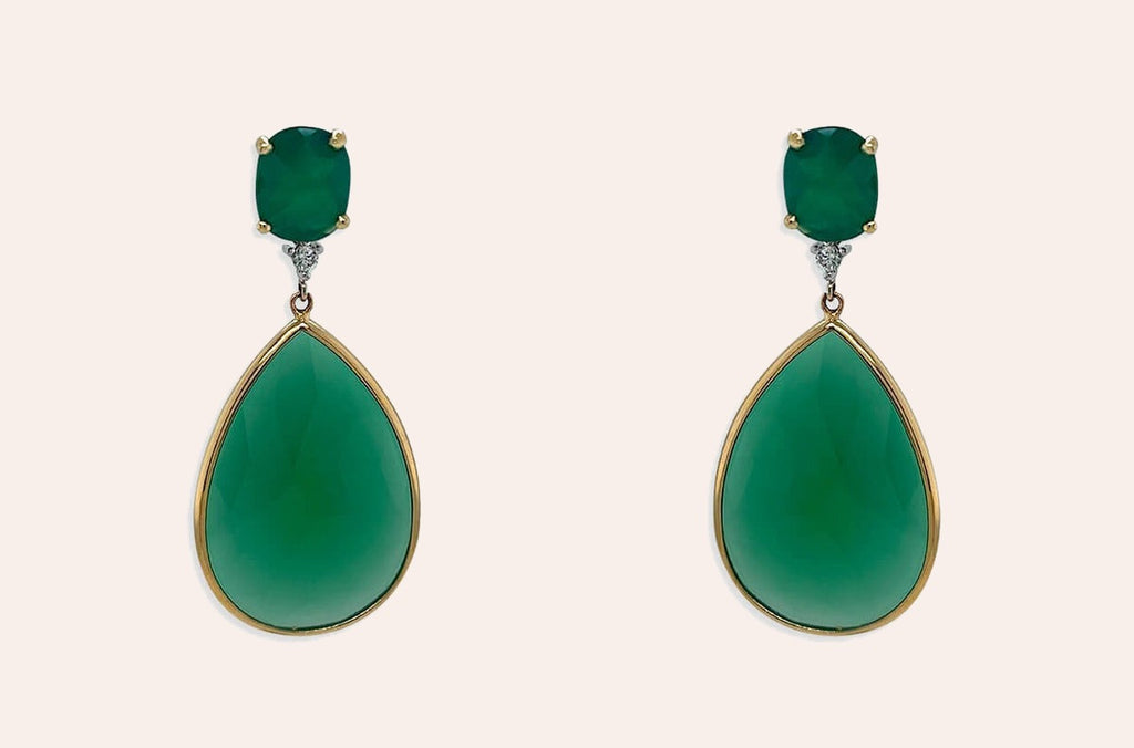 Earrings 14kt Gold Green Agates & Diamonds