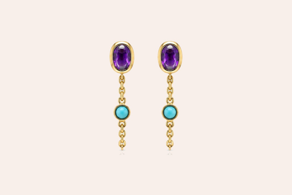 Earrings 14kt Gold Amethyst & Turquoise Chain