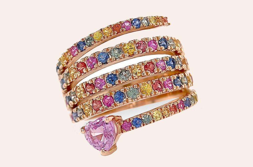 Ring 18kt Gold Spiral Rainbow Multicolor Sapphires & Heart