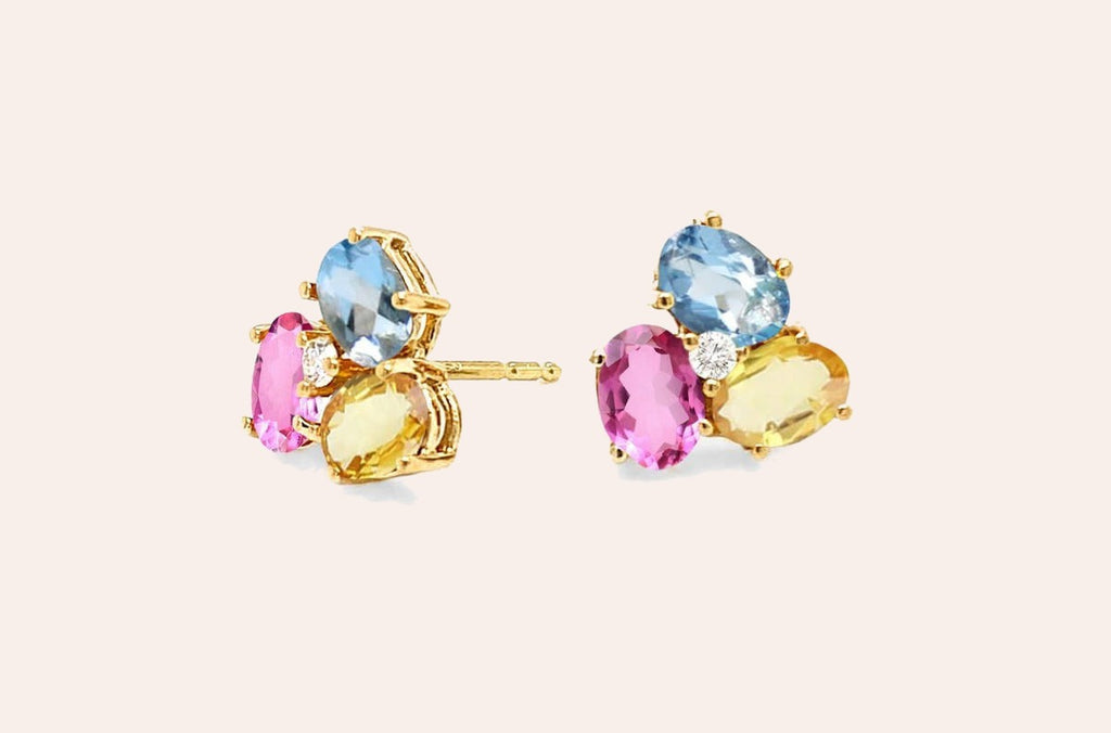 Earrings Center Diamond and Oval Gemstones Flower 18kt Gold