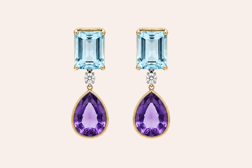 Earrings 14kt Gold Aquamarines, Diamonds & Amethyst Drops