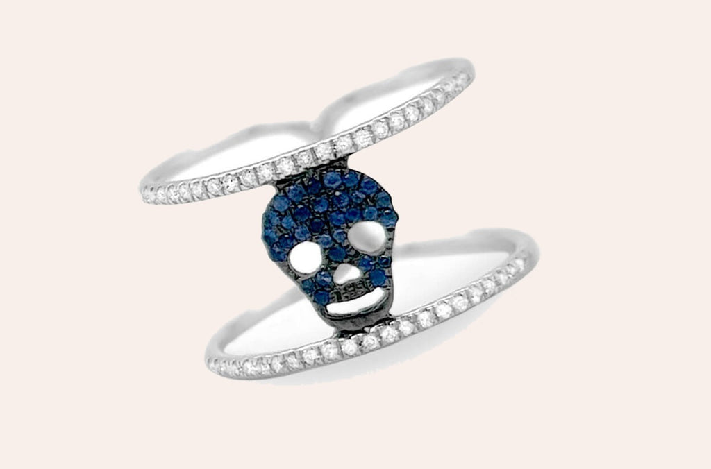Ring 18kt Gold Skull Sapphires & Double-Row Diamonds