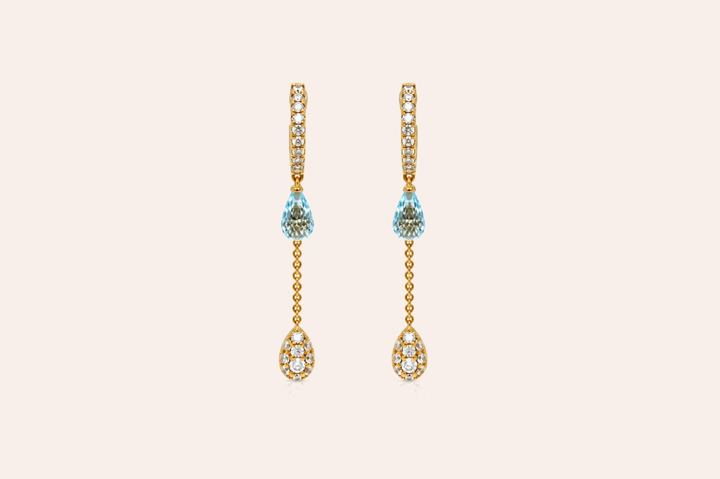Earrings 18kt Gold Mini Hoops with Blue Topaz and Diamonds Drops