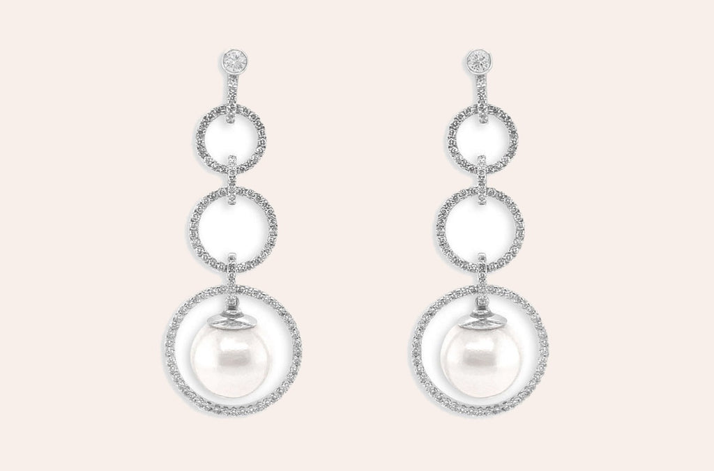 Earrings 18kt Gold Circle Drop with Pearls & Diamonds