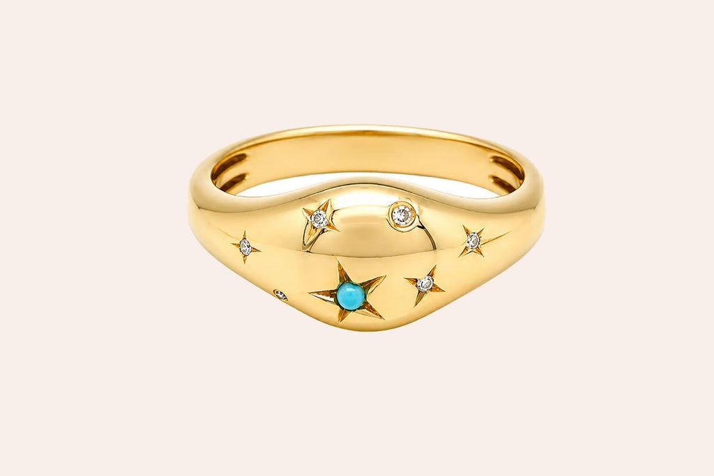 Ring 14Kt Yellow Gold Diamonds & Turquoise