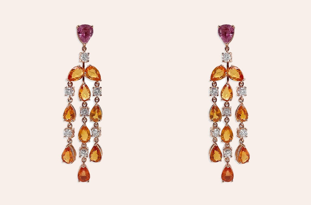Earrings 18kt Gold Orange Pear Sapphires & Diamonds Chandelier