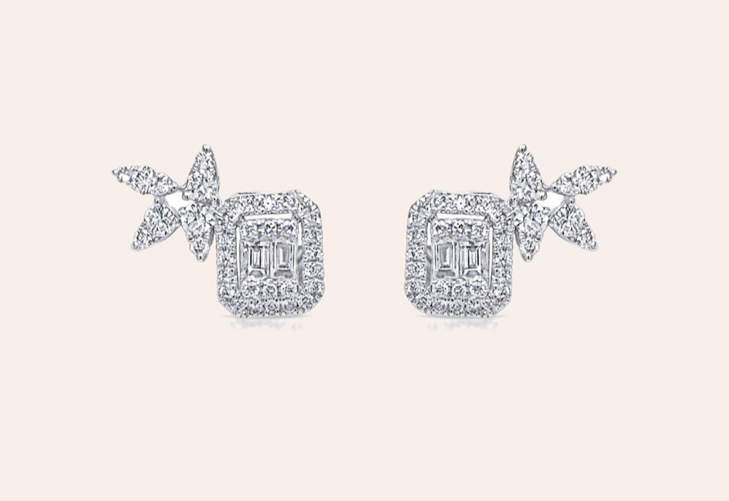 Earrings 18kt White Gold Emerald Illusion Diamonds Halo Studs