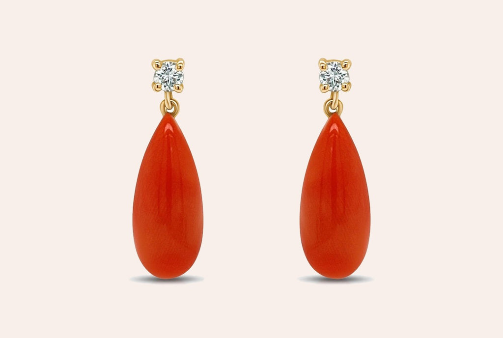 Earrings 18kt Gold Coral Drops & Diamonds