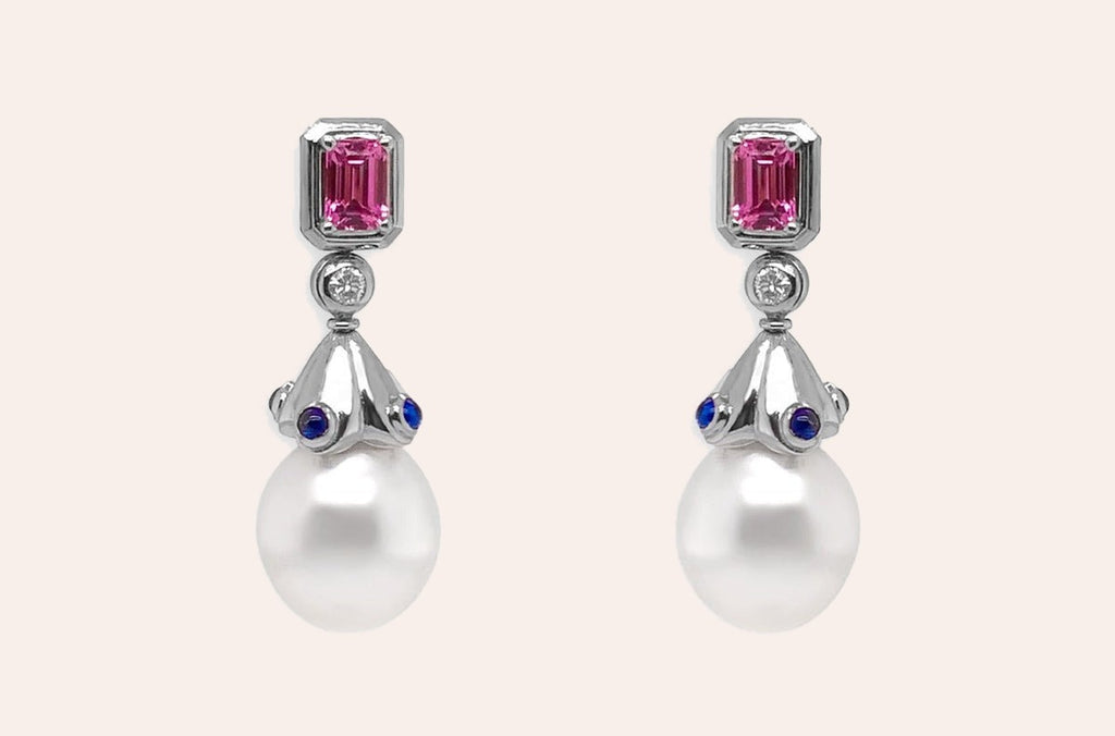 Earrings 18kt Gold South Sea Pears Sapphires & Diamonds