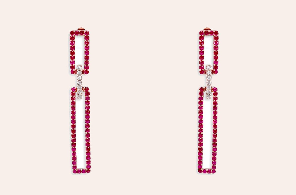 Earrings 18kt Gold Rectangular Rubies & Diamonds Drops