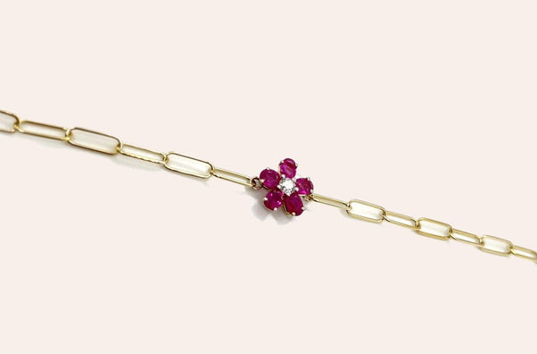 Bracelet 14kt Gold Paper Clip & Ruby Flower