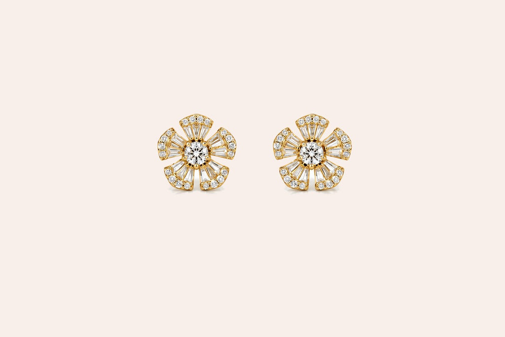 Earrings 18kt Yellow Gold Five Petals Diamonds Stud
