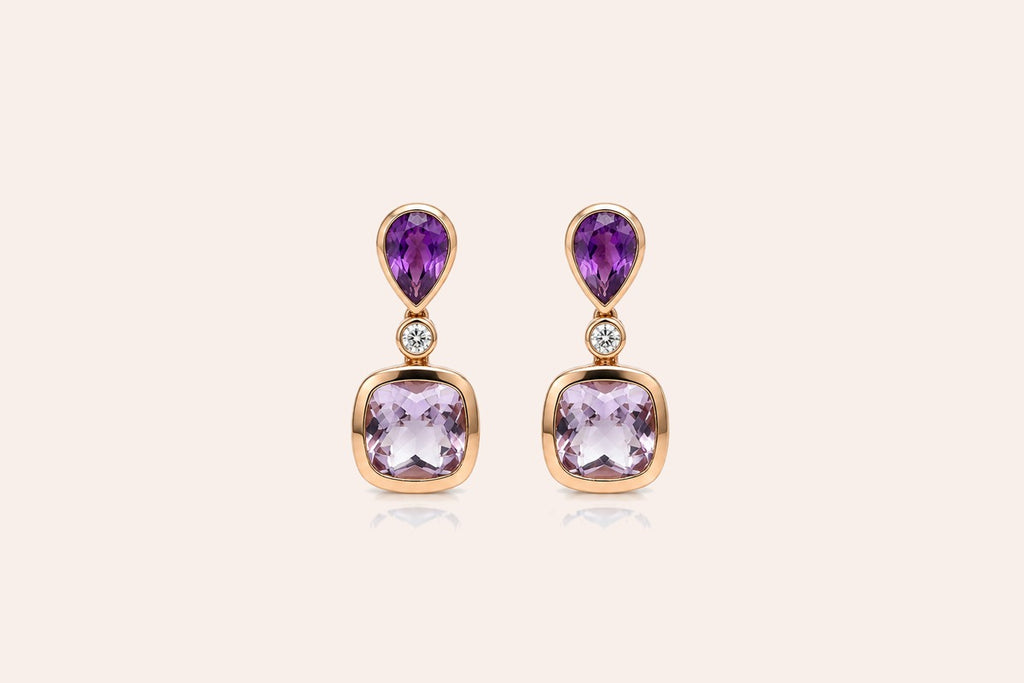 Earrings 18kt Gold Amethyst and Diamonds Drops