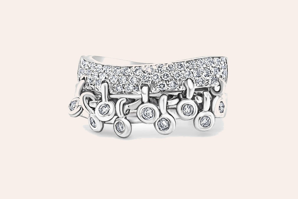 Ring 18kt White Gold Round Diamonds Double Curved Band