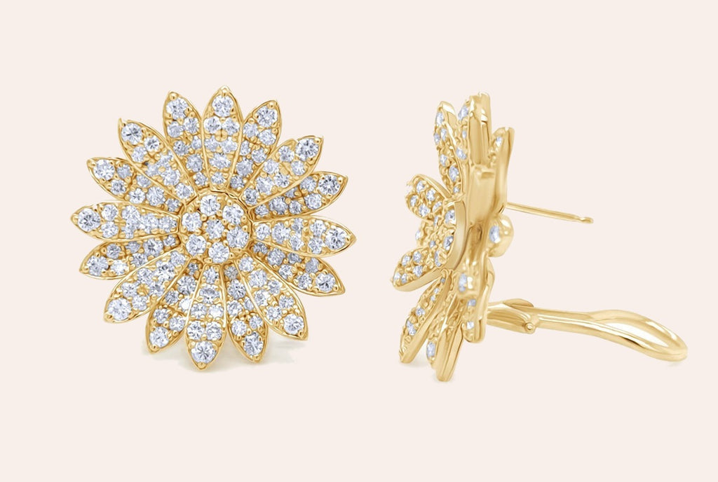 Earrings 18kt Yellow Gold Flowers Round Diamonds