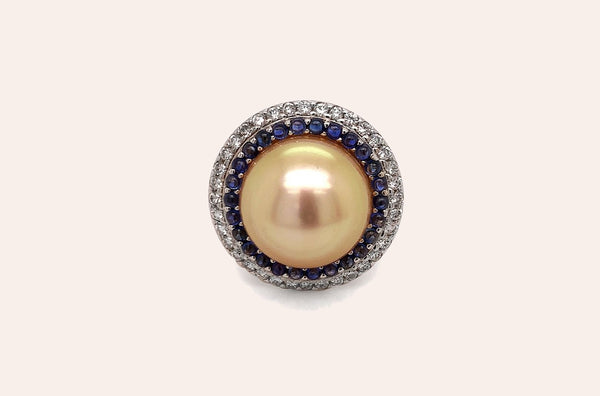 Ring 18kt Rose Gold Pearls Sapphires & Diamonds