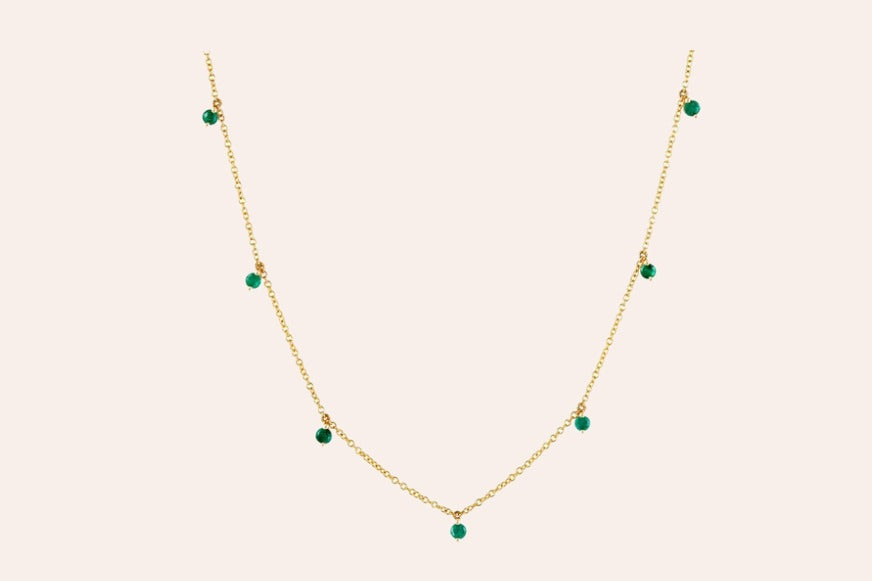 Necklace 14kt Gold Shaker  Round Emeralds