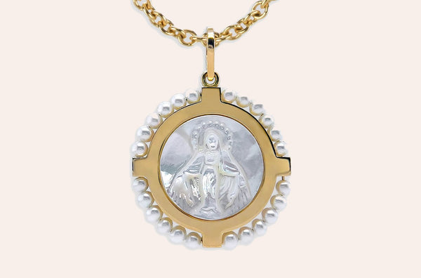 Medal 18kt Gold Cross Mother Pearl Miraculous & Pearls Pendant