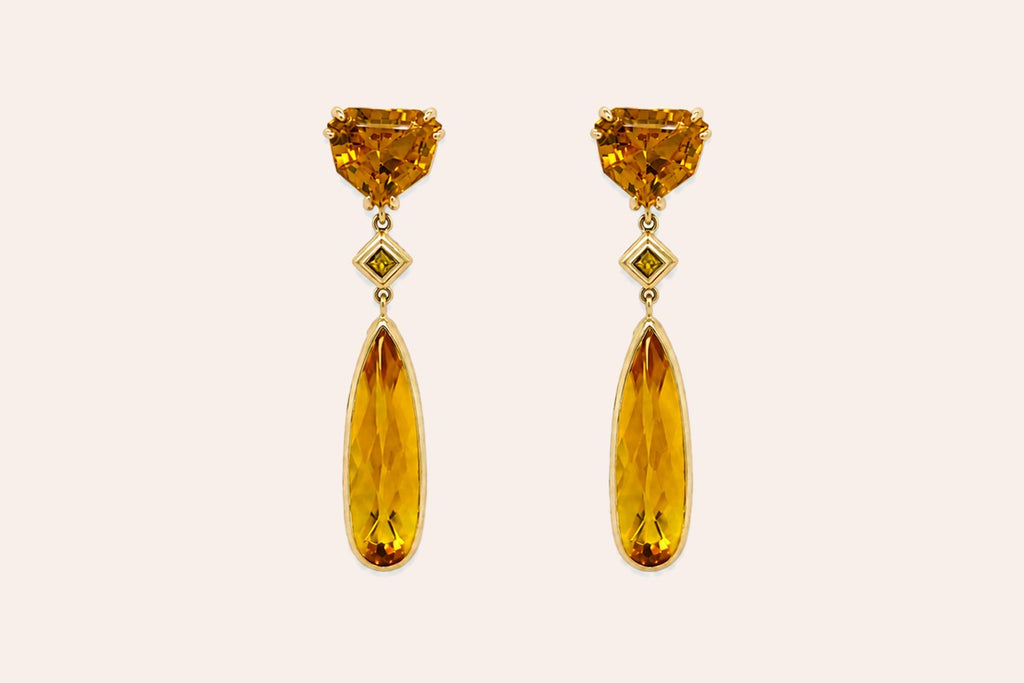 14K Yellow Gold Natural Citrine & Yellow Sapphire Drop Dangle Earrings