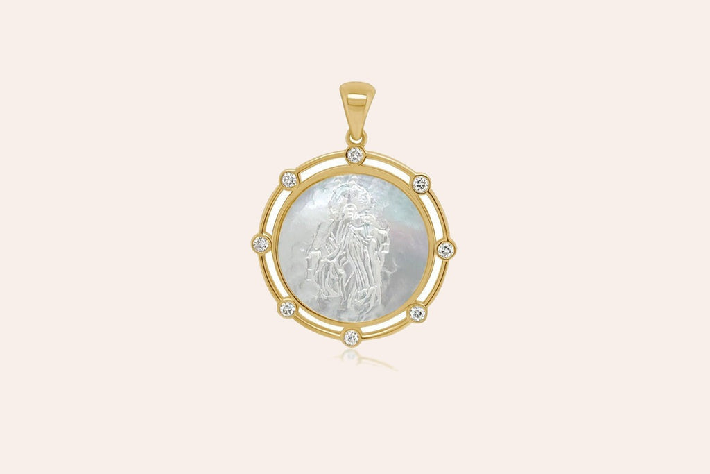 Necklace 14kt Gold Mother Pearl Diamonds Medal Pendant