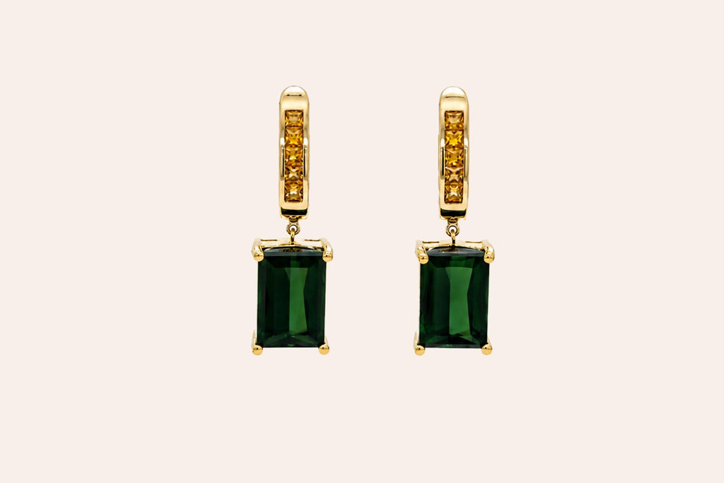 Earrings 18kt Gold Green Tourmalines and Yellow Sapphires