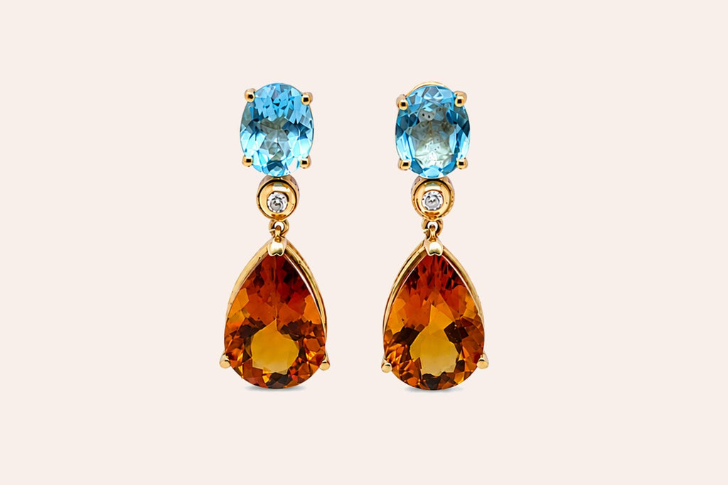 Earrings 18kt Gold Blue Topaz, Diamonds & Citrine Drops