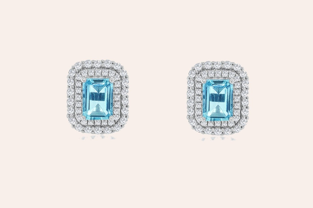Earrings 18kt Aquamarines & Double Halo of Diamonds