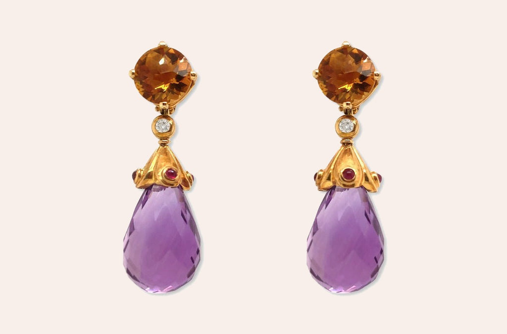 Earrings Citrine Faceted, Ruby Cabouchons & Faceted Amethyst Teardrop