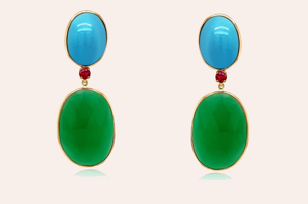 Earrings 14kt Gold Turquoise, Ruby & Green Agate