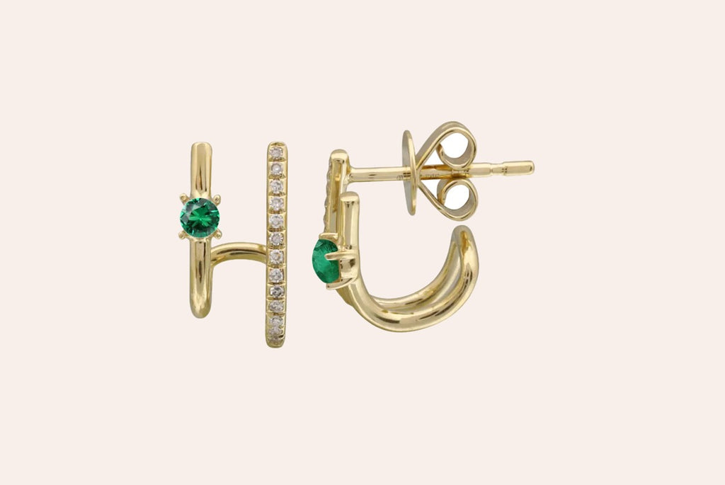 Earrings 14kt Gold Double Row Emeralds & Diamonds