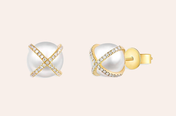 Earrings 14kt Gold Criss Cross Pearls & Diamonds