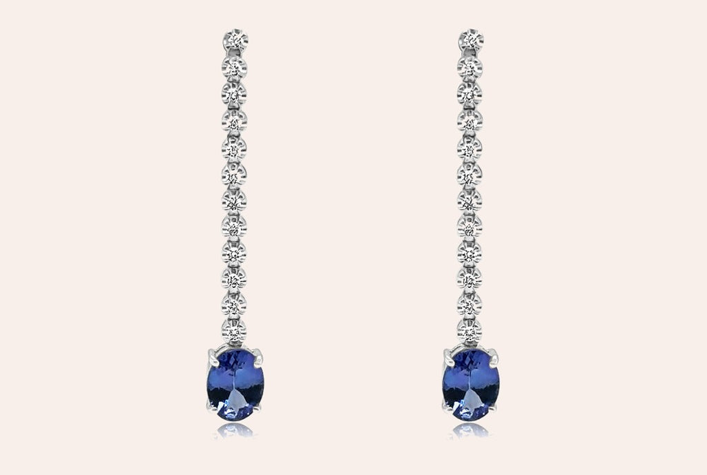 Earrings 18kt White Gold Inline Diamonds with Oval Tanzanita Drops