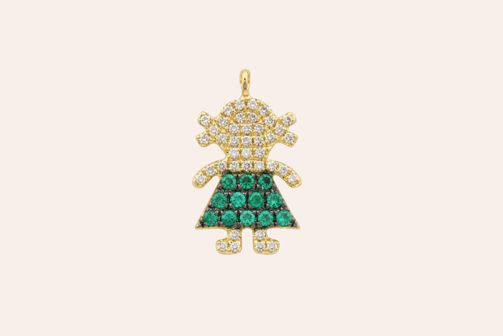 Necklace 14kt Gold Girl with Emeralds & Diamonds