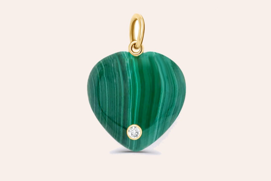 Pendant 14kt Gold Malachite Heart & Round Diamonds