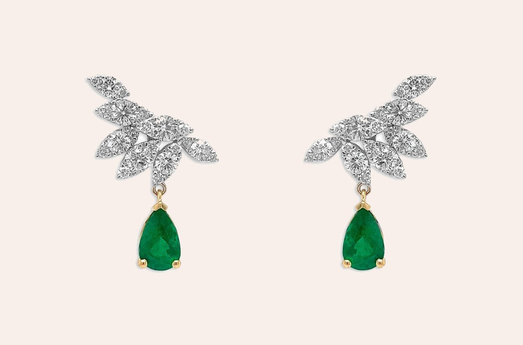 Earrings 18kt Gold Pear Emeralds & Diamonds