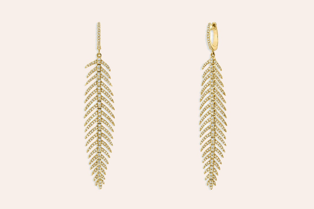 Earrings 18kt Gold Feather Drops & Diamonds