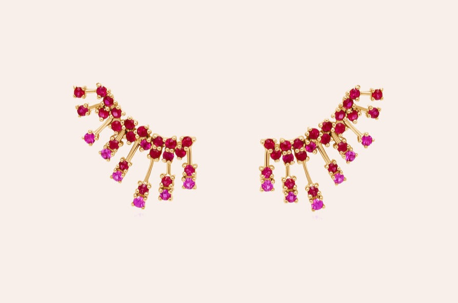 Earrings 14kt Gold Climber Round Rubies Stardusts
