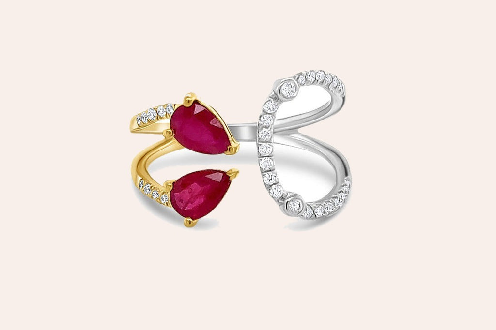 Ring 18kt Mixed Gold 2 Pear Rubies with Diamonds