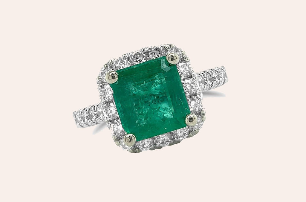Ring 18kt Gold Square GIA Emerald & Diamonds Pave