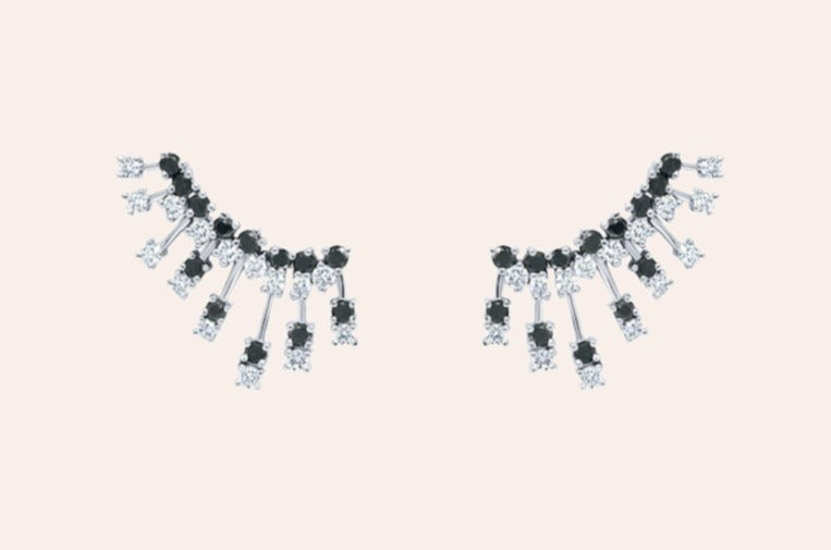 Earrings 14kt Gold Climber Round White and Black Diamonds Stardusts
