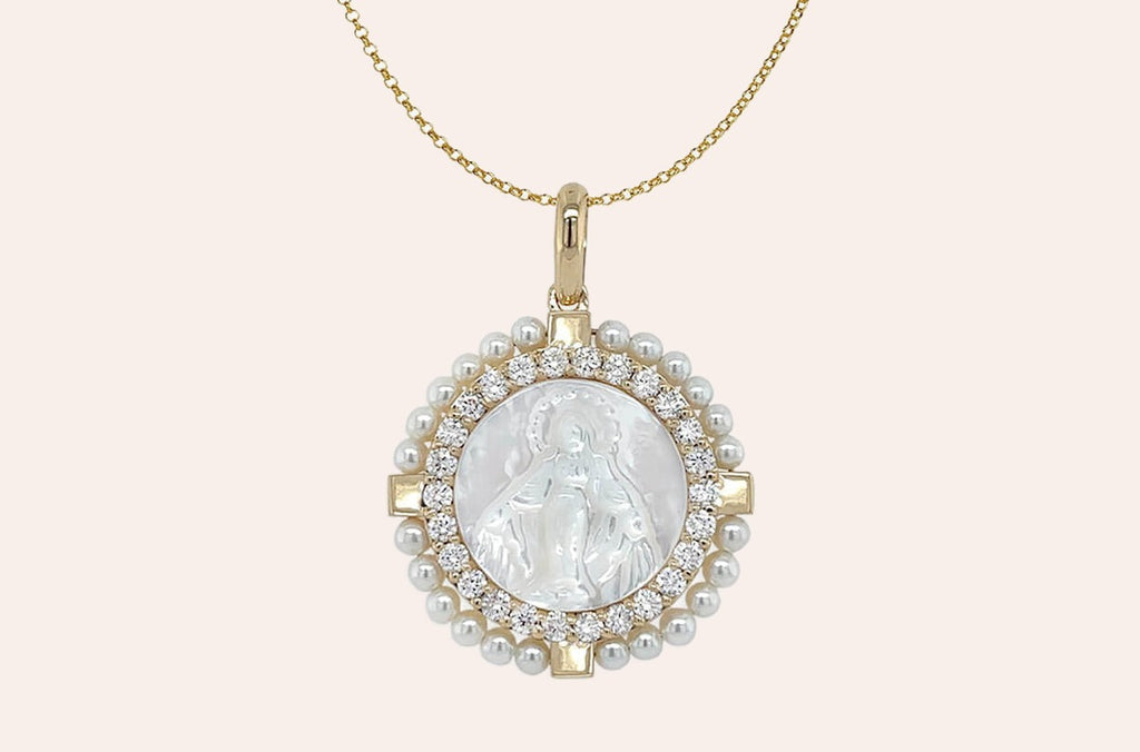 Necklace 18kt Gold Mother Pearl Miraculous Diamonds & Pearls Medal