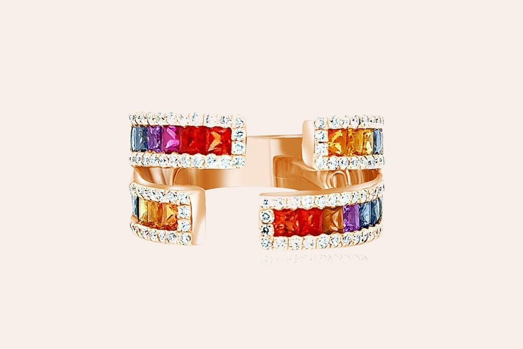 Ring 18kt Gold Multicolor Double Band Open Ring & Diamonds