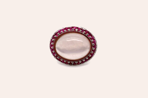 Ring 18kt White Gold Pink Quartz, Sapphires and Diamonds