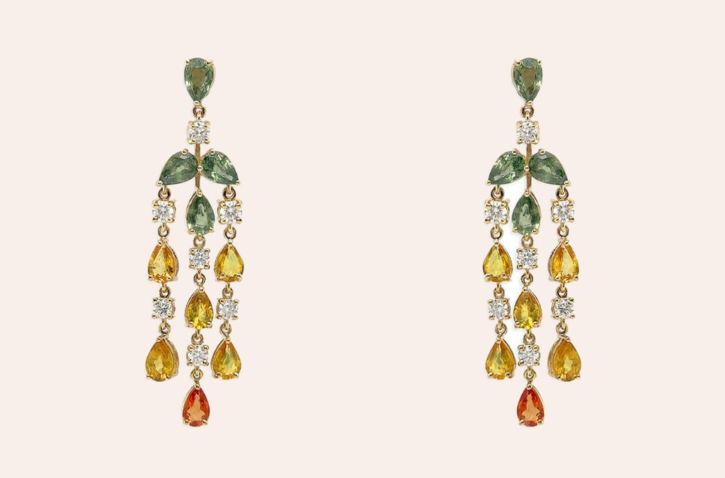 Earrings 18kt Gold Pear Sapphires & Diamonds Chandelier