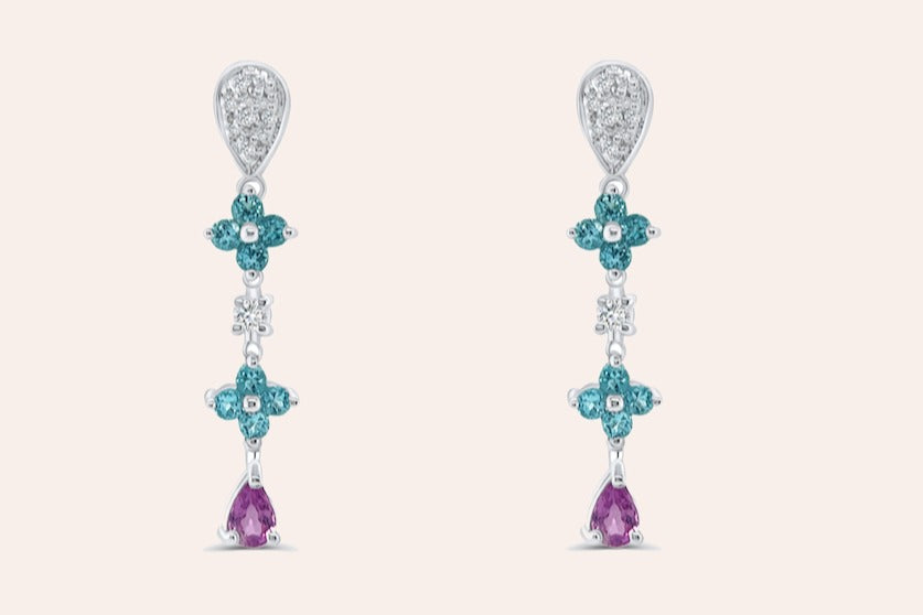 Earrings 18kt Gold Blue Topaz Flowers and Pink Sapphires Drops