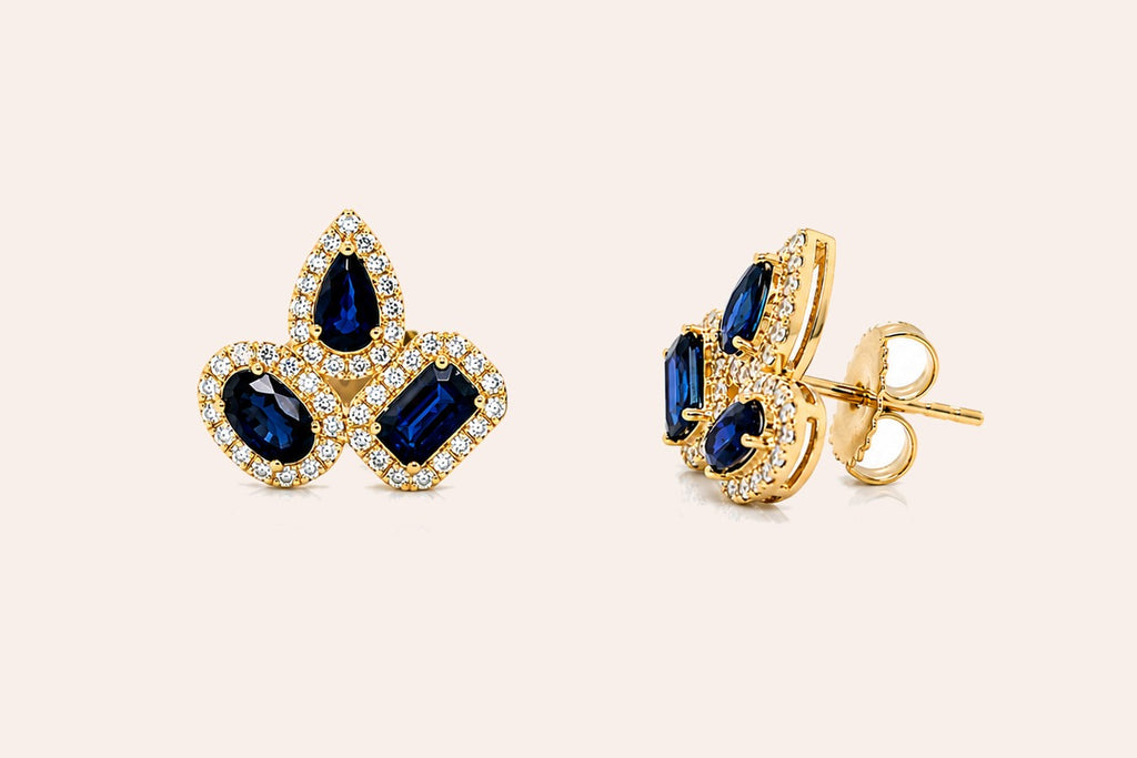 Earrings 14kt Yellow Gold Mixed Cut Sapphires & Diamonds