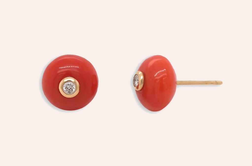 Earrings 18kt Gold Coral Studs with Diamonds