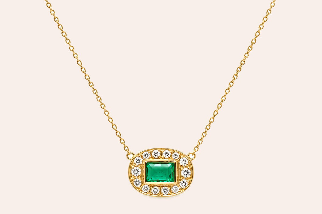 Necklace 18kt Gold Emerald cut Emerald & Pave Diamonds