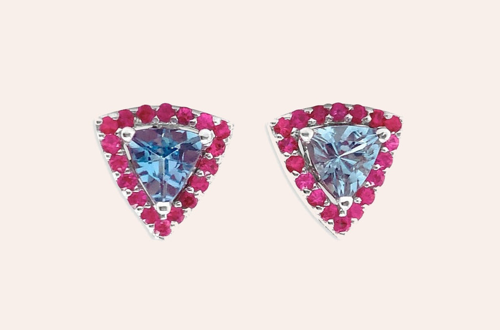 Earrings 18kt Gold Trillion Aquamarines & Pink Sapphires