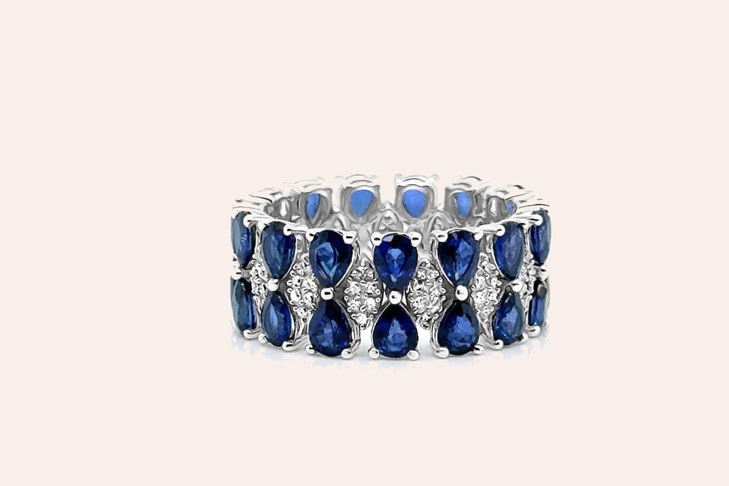 Ring 14kt Gold Pears Blue Sapphire & Diamonds